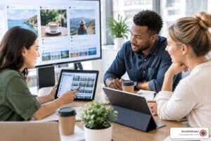 Marketing team reviewing social media campaigns across several screens